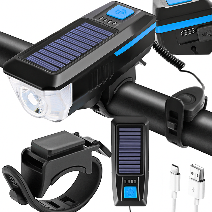 Set far pentru bicicleta solar, claxon si semnal sonor, UBX, LED, 3 moduri iluminare, USB, 6 melodii, 11x3.5x4 cm, negru/albastru