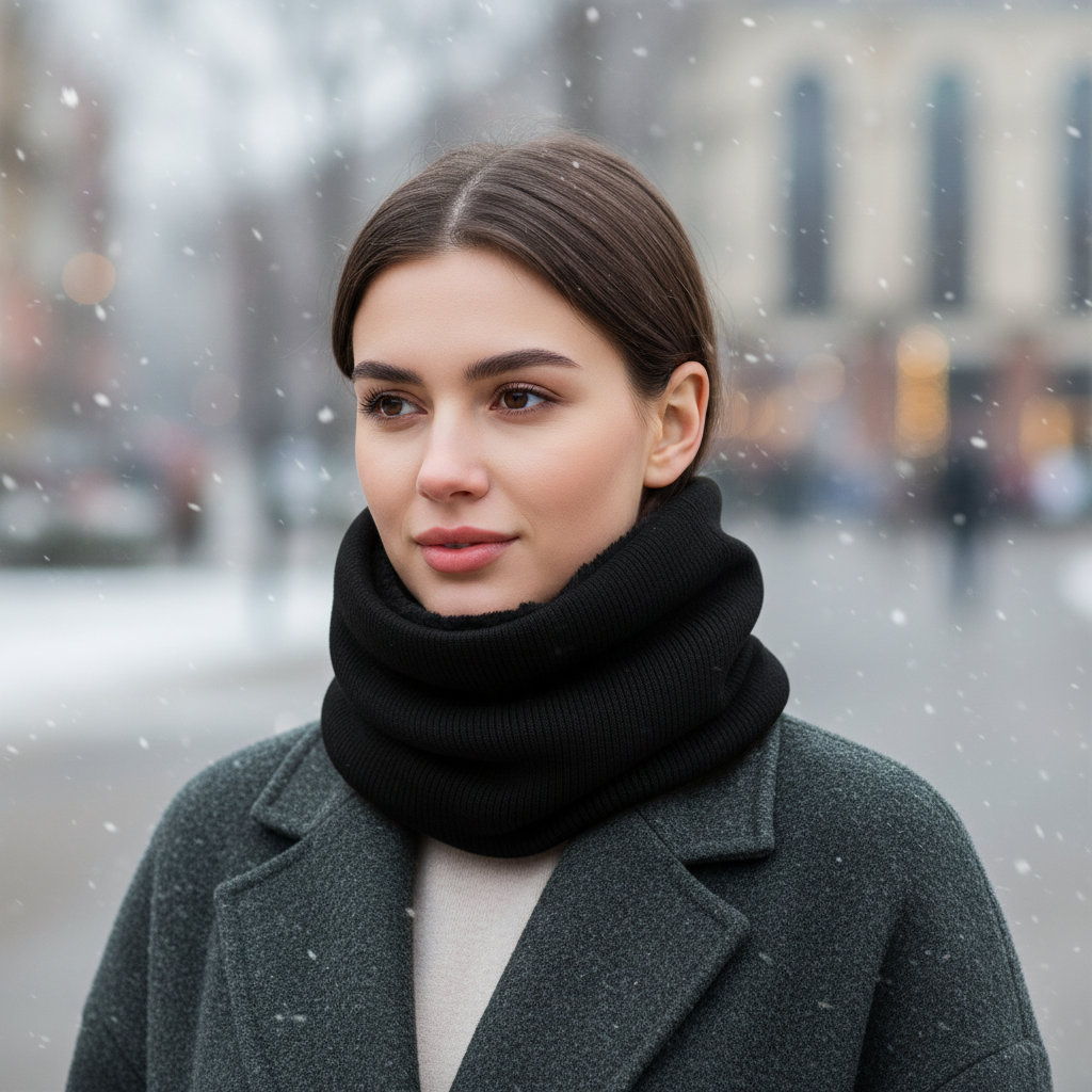 Fular tip guler, Zola, 30 x 24 cm, material tricotat, interior pufos, negru