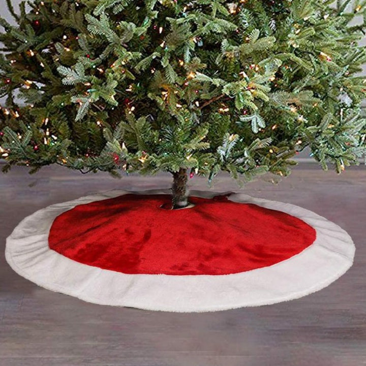 Covoras pentru bradul de Craciun, Zola, rosu pufos cu margine alba,  90 cm