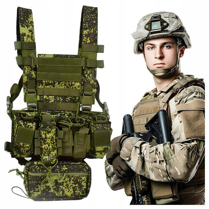Vesta tactica airsoft, Zola, reglabila, cu borsera, nylon, camuflaj verde