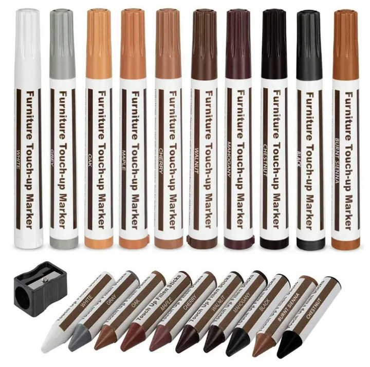 Set 21 piese pentru corectare si reparare zgarieturi mobila/parchet, Zola, 10 markere, 10 creioane si ascutitoare, rezistente la abraziune si spalare, pentru toate nuantele de mobila