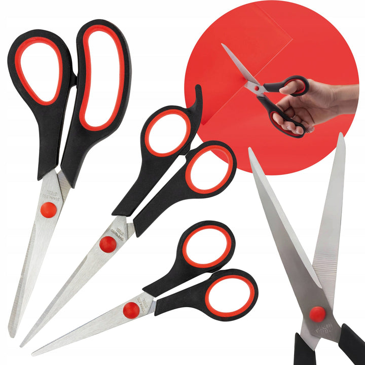 Set 3 foarfece de birou, Zola, marimi diferite, maner ergonomic si confortabil, varf ascutit, din plastic si otel, negru/rosu