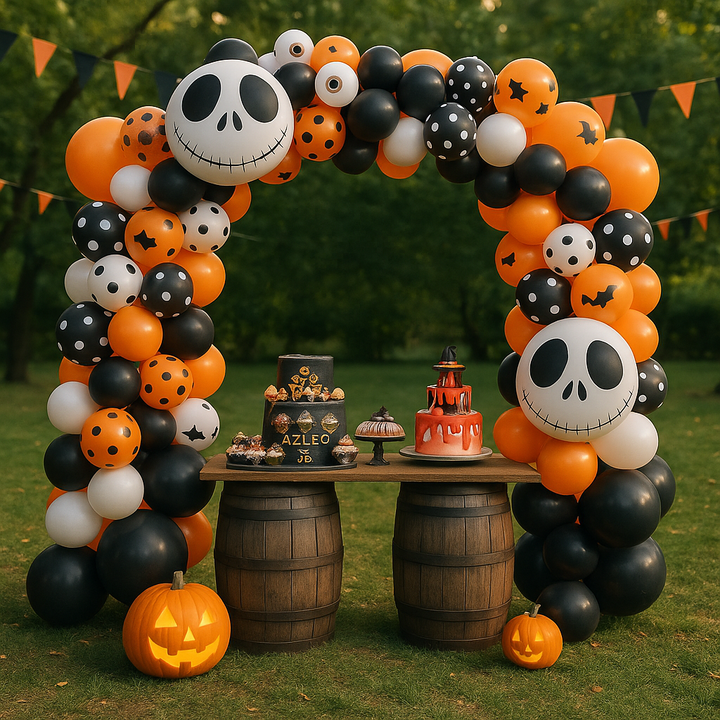 Set 116 baloane Halloween, Zola, cranii si lilieci, diferite marimi, 100 buline dublu adezive, 5 m panglica, multicolor