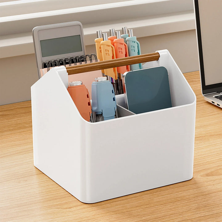 Organizator de birou, Zola, 4 compartimente, maner lemn, din plastic, 18 x 16.5 x 16.5 cm, alb