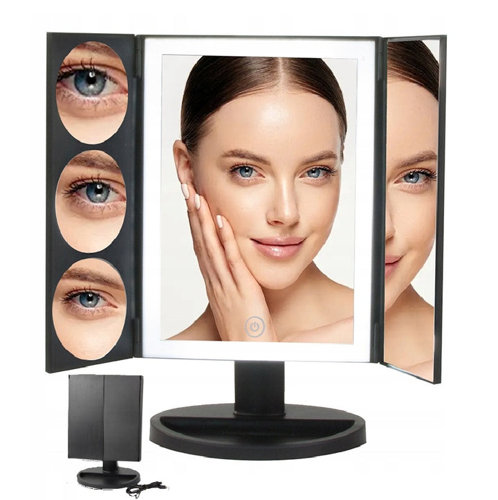 Oglinda cosmetica pliabila cu lumini LED, Zola, marire 3x-5x-10x. suport, comutator tactil, cablu USB, 29 x 18 cm, neagra