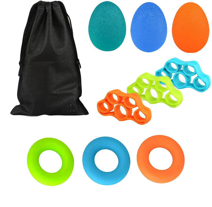 Set complet pentru exercitiile mainilor si degetelor, Zola®, Benzi elastice degete, Bile de antrenament si Inele de silicon, multicolore