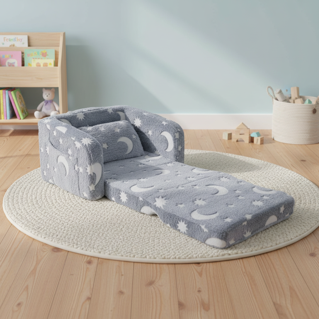 Fotoliu extensibil 2 in 1 pentru copii, Zola, plus moale, model stele si luna, fosforescente, 57 x 28 x 40 / 57 x 28 x 100 cm, gri