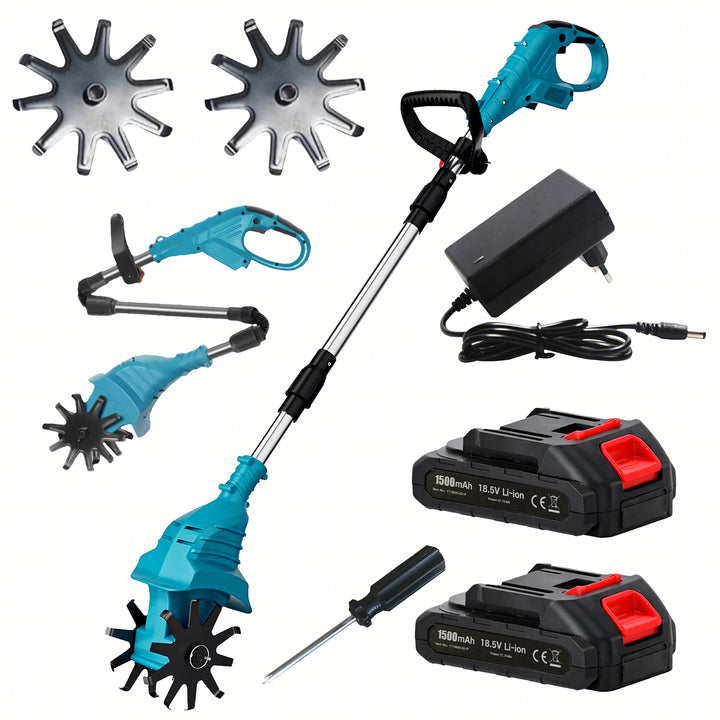 Motosapa electrica de gradina, Zola, 350 W, 270 RPM, 2 acumulatori Li-Ion, 1500mAh, lame din otel, incarcator, turcoaz / negru