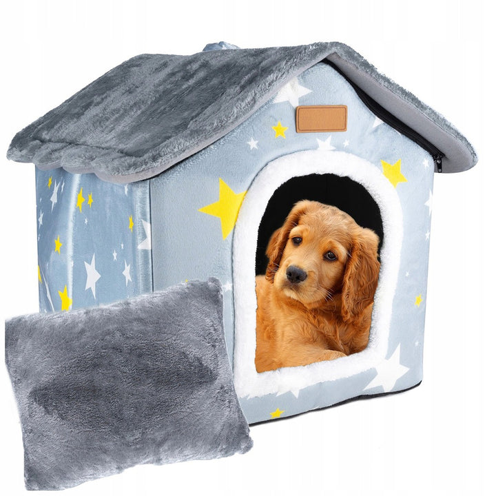 Casuta pentru caini si pisici, Zola, 52 x 43 x 50 cm, material moale, acoperis si perna detasabile, model stelute, gri albastrui
