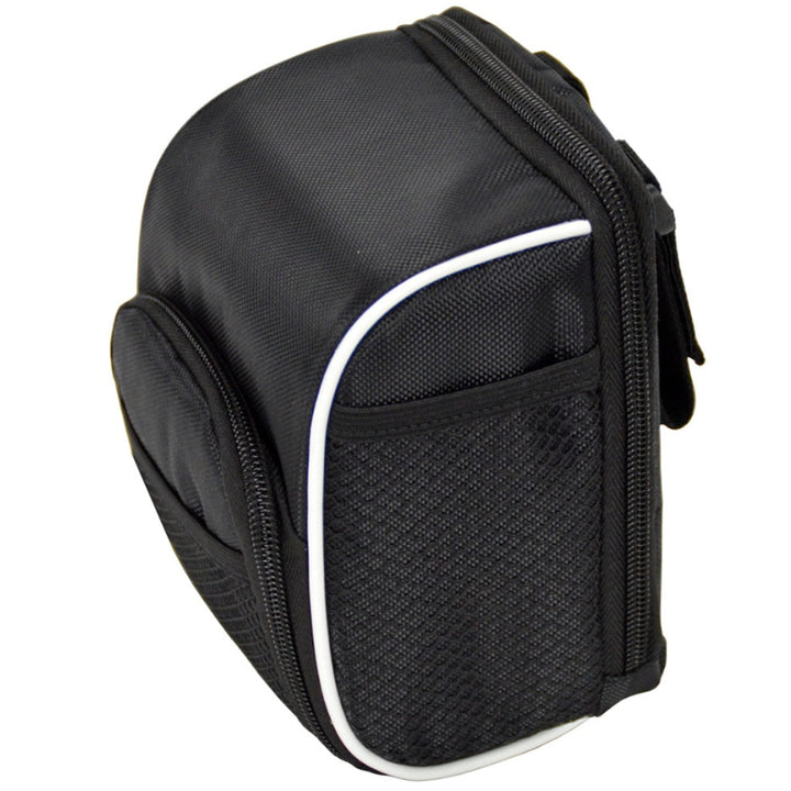 Geanta pentru bicicleta, Zola®, montare pe ghidon, cu 5 buzunare, neagra cu elemente reflectorizante, capacitate 2L, 18x13x10 cm