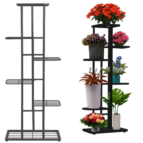 Suport metalic pentru ghivece de flori, Zola, 7 suporturi, greutate maxima suportata 20 kg, fier, 41 x 22 x 106 cm, negru