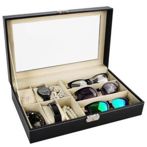 Cutie pentru depozitare 6 ceasuri si 3 ochelari, Zola®, piele ecologica, pernite moi, neagra