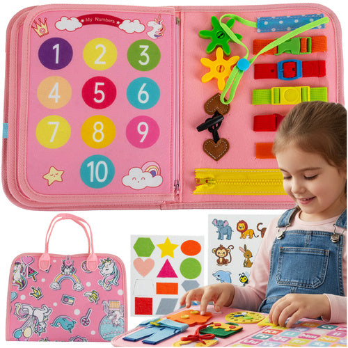 Carte senzoriala Montessori cu activitati, Zola, 7 in 1, din fetru, model unicorni, 22.5 × 28 cm, roz