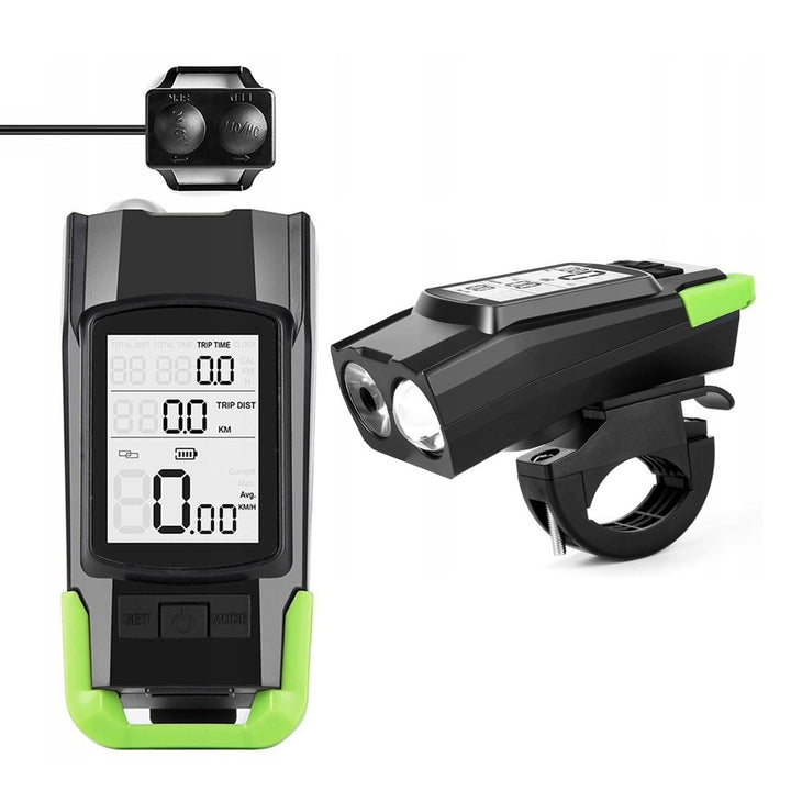 Computer bicicleta 3 in 1 cu lumini si claxon, Zola, 2 LED-uri, 5W, 4 moduri iluminare, cu acumulator, montare pe tija, cablu USB, negru/verde