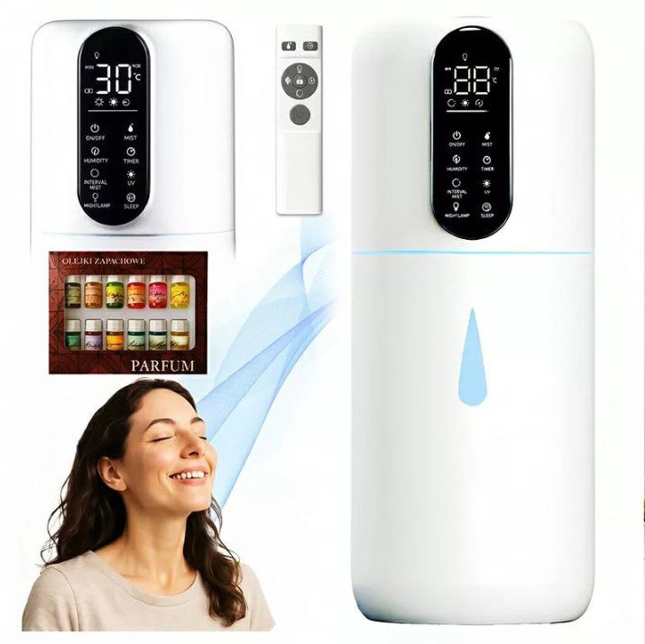 Umidificator cu ultrasunete, Zola, 4.5 L, 300 ml/h, sterilizare UV, control umiditate, mod Sleep, temporizator 12 h, telecomanda, 12 uleiuri parfumate incluse, alb