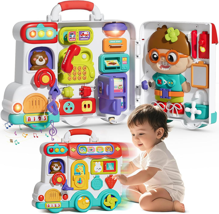 Autobuz interactiv Montessori, Zola, diverse activitari senzoriale, efecte luminoase si sonore, plastic, 30 x 24 x 9 cm, multicolor