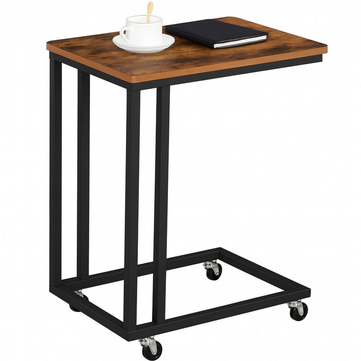 Masuta laterala de cafea, Zola, vintage, pentru canapea/pat, roti pivotante, cadru metalic, blat lemn, 50 x 35 x 60 cm, stejar fumuriu/negru