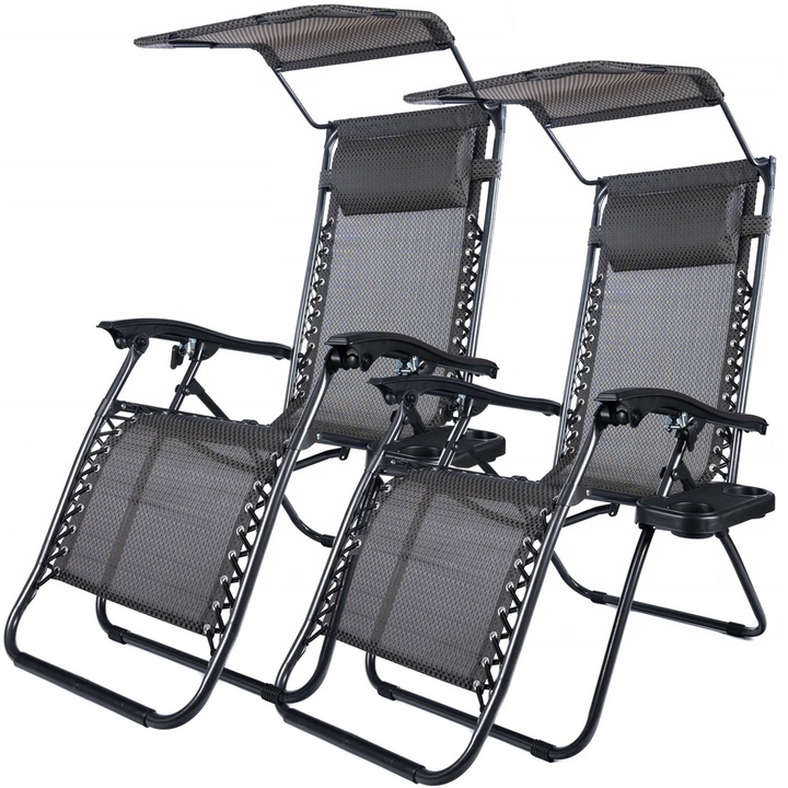 Set 2 sezlonguri de gradina cu baldachin, pliabil, manere, Zola, suport pentru doua pahare, perna pentru cap, cadru metalic, poliester, 174 x 78 cm, gri antracit