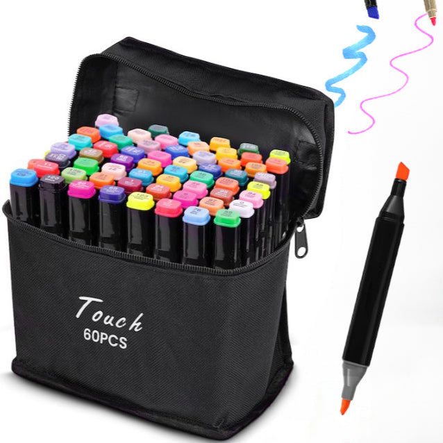Set  60 markere duble, Zola®, cerneala pe baza de alcool, cap subtire si gros, geanta de depozitare, multicolore