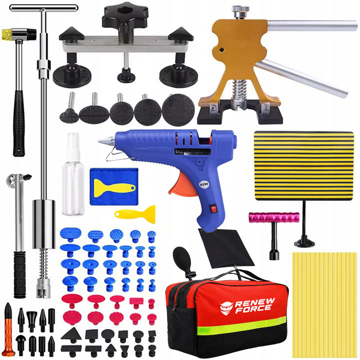 Kit pentru reparatii caroserie, Zola, 100 piese, extractor, placa reflexie PDR, ciocane, adaptoare, pistol lipit si rezerve, alte accesorii, geanta depozitare