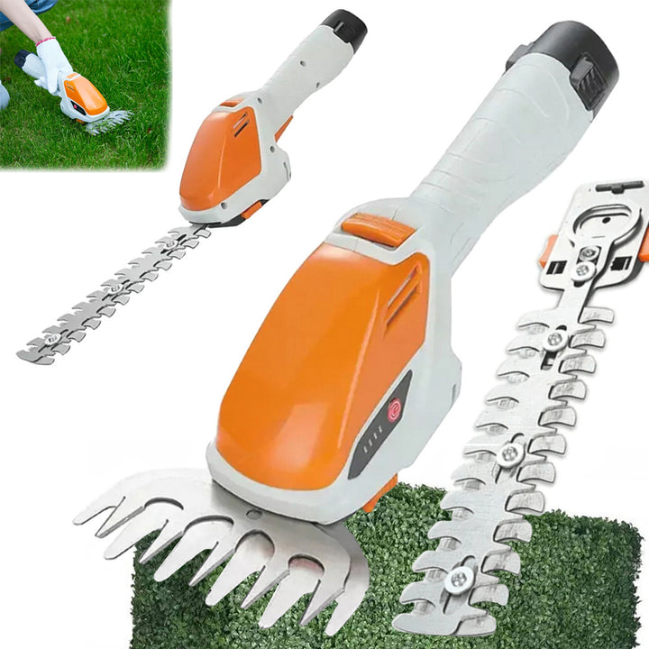 Foarfeca 2 in 1 pentru tuns gard viu si iarba, Zola, viteza de rotatie 1000 rpm, baterie reincarcabila, sistem de blocare schimbare lame, 30x7.5 cm, portocaliu/alb