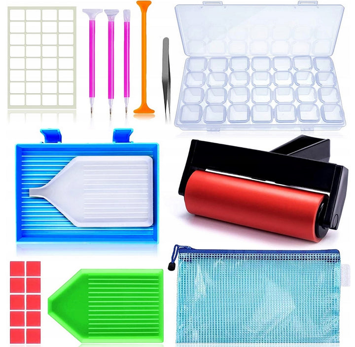 Trusa pentru mozaic cu diamante, Zola®, organizatoare, accesorii, etichete, 28 de compartimente