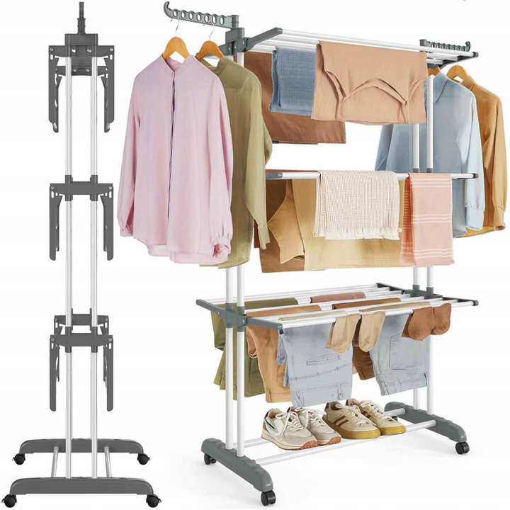 Uscator de rufe pliabil vertical, Zola, 3 niveluri, suporturi umerase laterale, raft incaltaminte, 75-126 x 64 x 170 cm, alb/gri