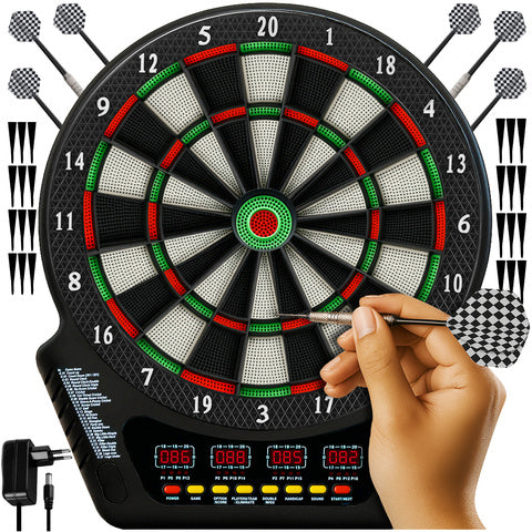 Darts electronic 1-16 jucatori, Zola, 4 afisaje LCD, 6 sageti alb/negru, 24 varfuri, 27 jocuri in 243 combinatii, 8 niveluri volum, 43 x 51.5 cm