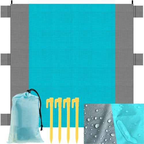 Covor impermeabil pentru plaja sau camping, Zola, 6 buzunare pentru stabilitate sau depozitare, ancorele prindere, sac de depozitare, 208 x 208 cm, gri-albastru