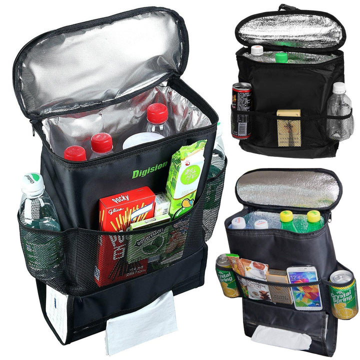 Organizator pentru scaun auto, Zola®, cu geanta termica, multifunctional, negru, 35 x28x10 cm