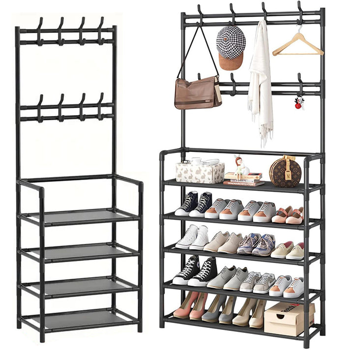 Cuier haine cu suport pantofi, Zola®, metalic, 8 carlige, 5 etaje, 168 x 60 x 26 cm, negru