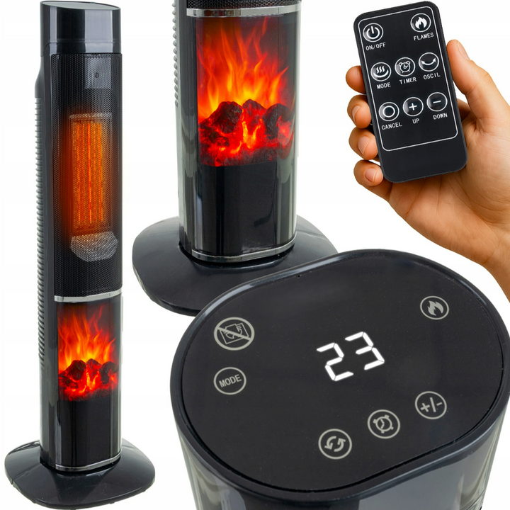 Aeroterma electrica tip turn, Zola, 2000W, efect semineu, termostat reglabil 10–49°C, temporizator 1-24h, 3 moduri, afisaj LED, telecomanda, 77 x 20 x 20 cm, neagra