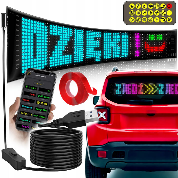 Ecran digital LED RGB auto, Zola, 59 x 12 cm, afisare text si simboluri, control aplicatie, telecomanda, dublu adeziva, USB