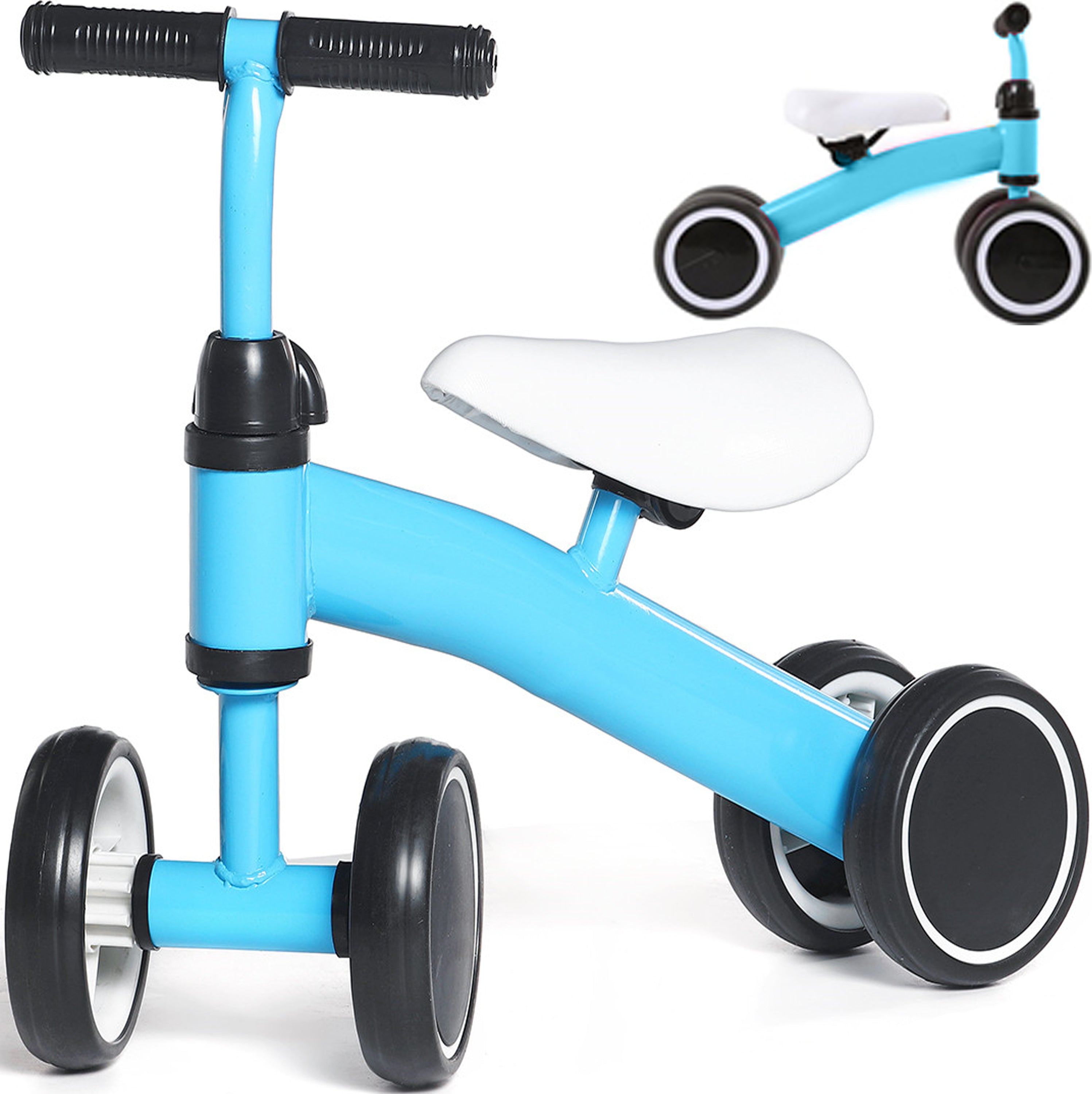 Bicicleta fara pedale pentru copii, Zola®, 4 roti spuma EVA, inaltime 42 cm, diametru roti 12.5 cm, albastra