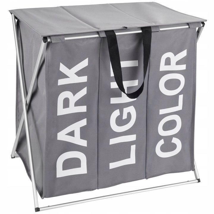 Cos rufe, Zola®, din material textil,3 compartimente,capac si manere, cadru metalic, gri cu mesaj, 118 L