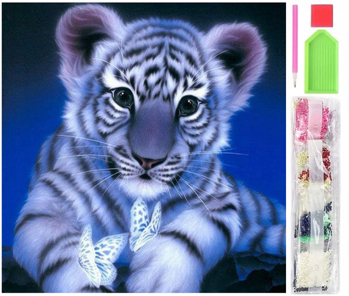 Goblen mozaic cu diamante, Zola®, model tigru albastru cu fluturi,accesorii incluse, 30x30 cm