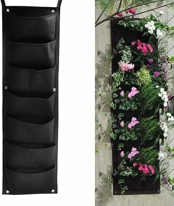Suport textil vertical pentru flori, Zola, cu 7 buzunare, perfect pentru ierburi, plante suculente,  lungime totala 100 cm, dimensiuni buzunar 12 x 30 cm, negru