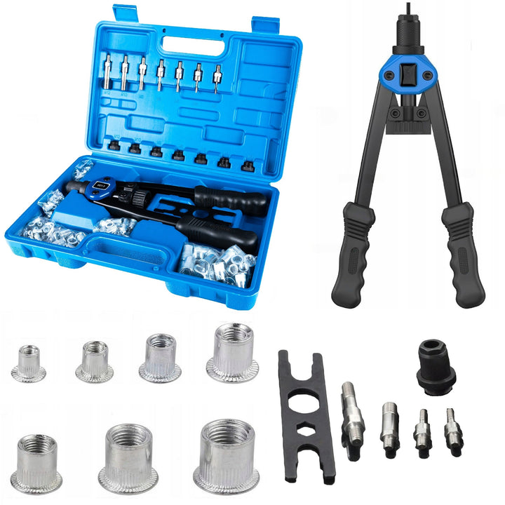 Set cleste pistol piulite nituibile cu 110 nituri cu filet incluse,  Zola, 7 capete, diferite dimensiuni M3/4/5/6/8/10/12, cheie, cutie depozitare, 38 x 24.5 x 7 cm, albastru/negru