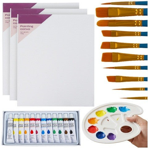 Set de pictura 26 piese, Zola, 3 panze pentru pictura, 24×30 cm, 12 vopsele acrilice, 10 pensule, paleta amestecare culori