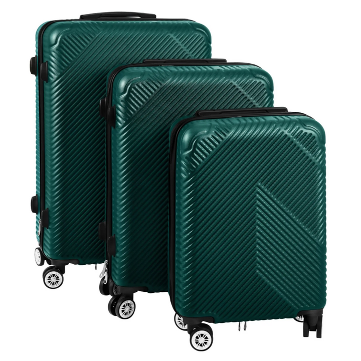 Set 3 valize calatorie, Zola, ABS rigid, 39/70/99L, roti 360°, cifru securizare, maner telescopic, verde inchis