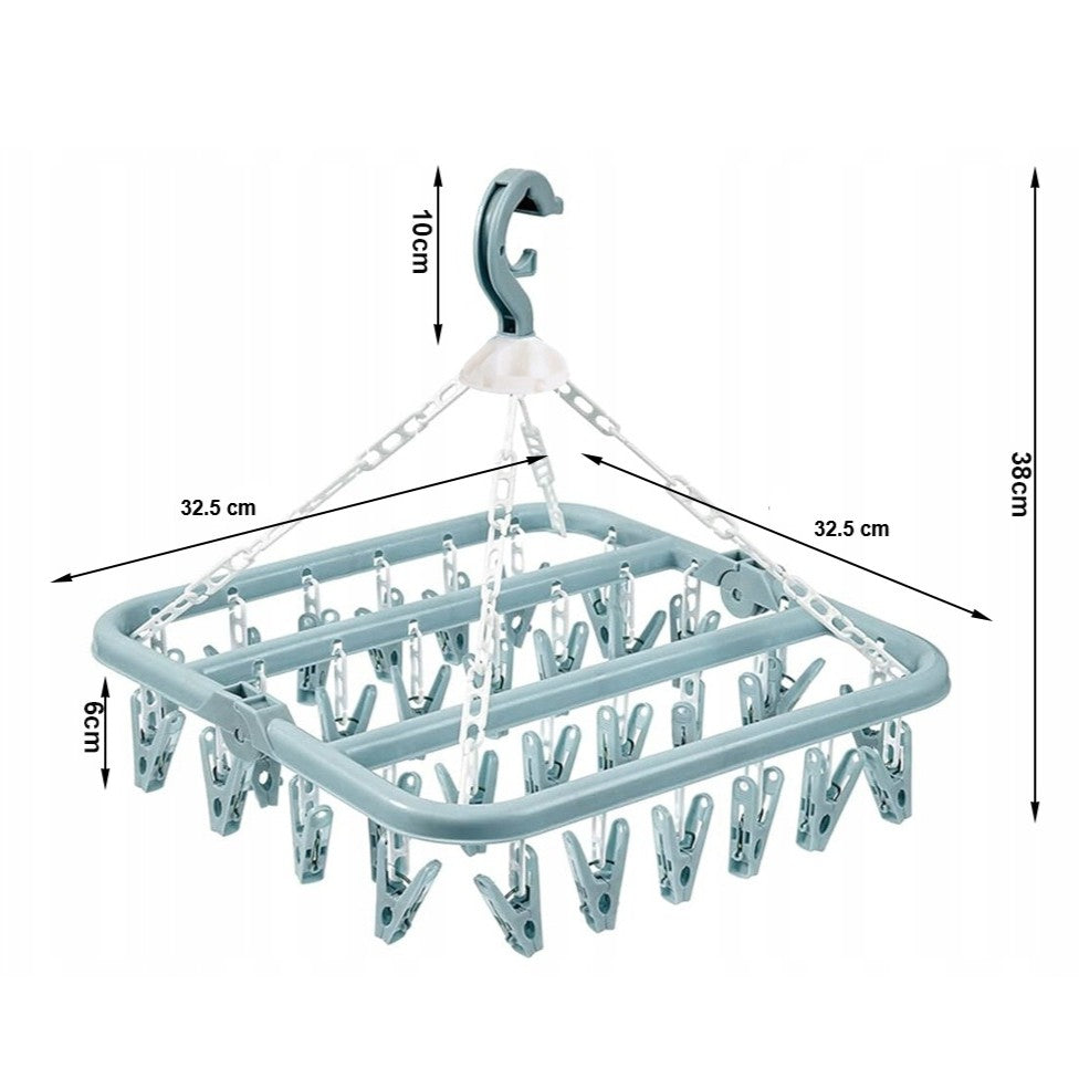 Uscator pentru lenjerie si sosete, Zola®, cu 32 clesti, plastic, 32.5x32.5 cm, albastru