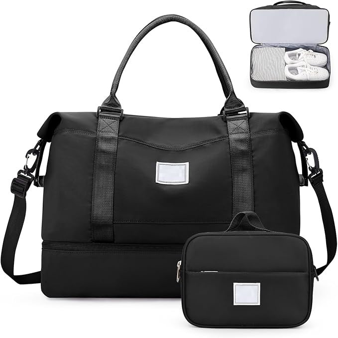 Set geanta de voiaj/sport si borseta, Zola, compartiment incaltaminte, dimensiuni 50 x 25 x 35 cm / 16.5 x 7.5 x 6.5 cm, fixare pe troler, impermeabile, material Oxford, neagra