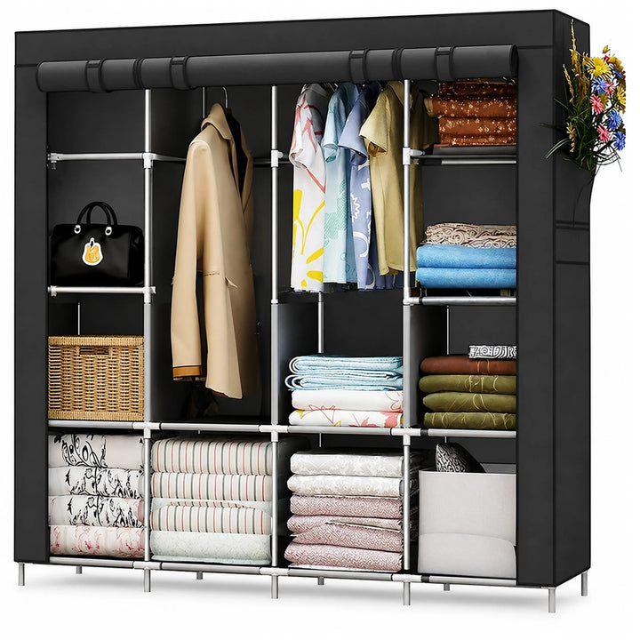 Dulap textil pliabil pentru haine, Zola, 175 x 45 x 170 cm, cadru metalic, bare pentru umerase, multiple compartimente, husa PP, sistem Roll-Up cu Velcro, fermoar, negru