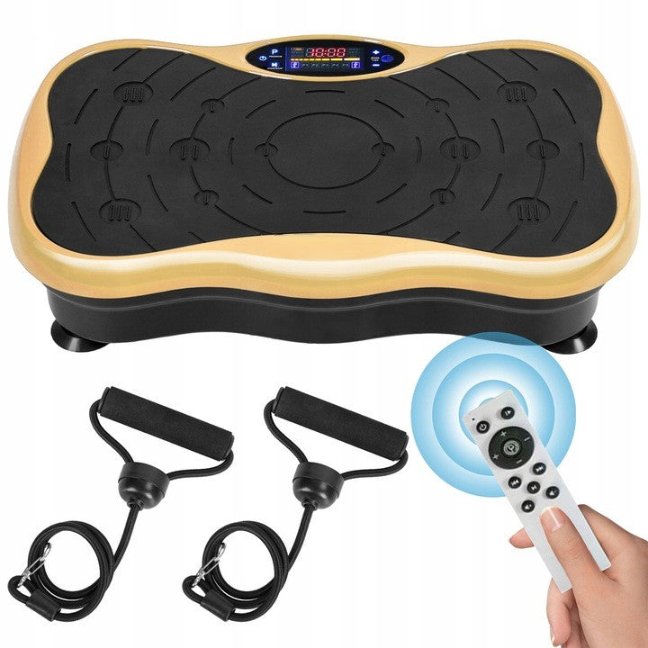 Aparat fitness cu vibromasaj, Zola, 2 benzi elastice cu manere atasabile, 5 programe diferite, 180 niveluri de viteza, afisaj LED,  200W, amplitudine vibratie 0.8 mm, Bluetooth, difuzoare incorporate, telecomanda, 53 x 31 x 13 cm, auriu