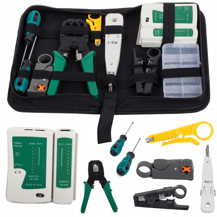 Kit retelistica pentru testare si reparare/mufare cabluri, Zola, tester, cleste de sertizare, surubelnite, geanta transport, 27 x 15 x 5 cm, negru