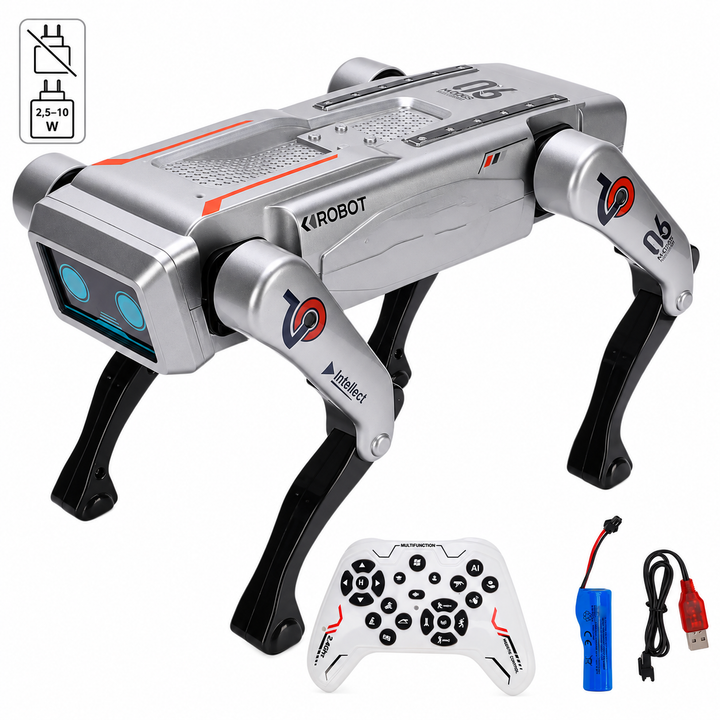 Robot interactiv patruped pentru copii, Zola, cu telecomanda, 20 functii, miscari programabile, muzica si exercitii, acumulator 500 mAh, USB, argintiu