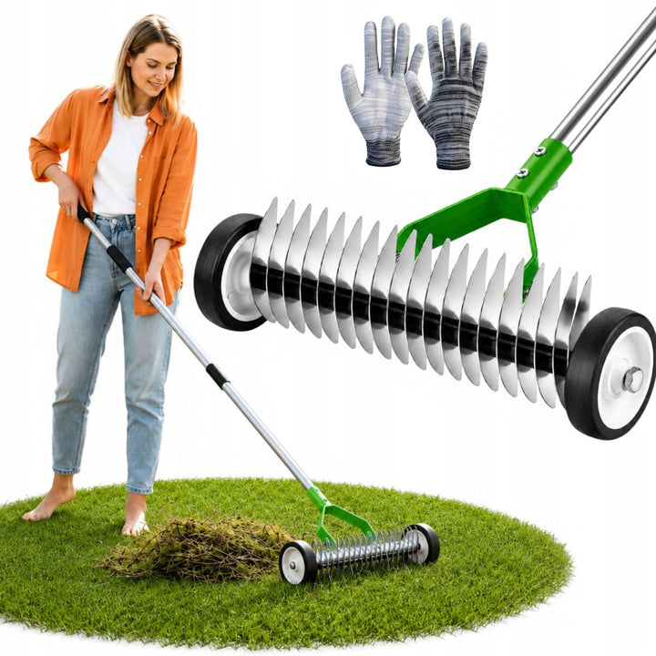 Aerator si scarificator gazon manual, Zola, 21 lame din otel galvanizat, latime lucru 32 cm, maner 130 cm, cu roti, manusi incluse