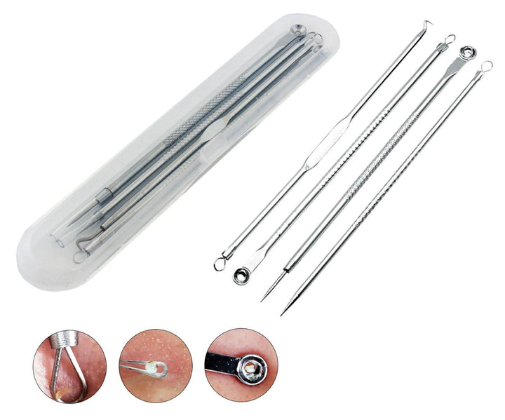 Set 4 instrumente cosmetica, Zola®, pentru exctractia comedoanelor si a punctelor negre, din otel inoxidabil igienic