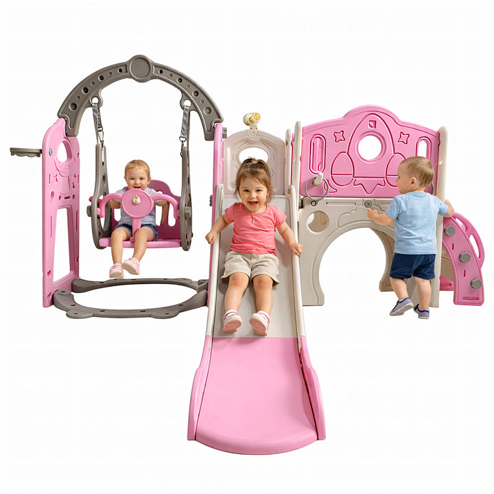 Loc de joaca pentru copii, Zola, 224 × 118 cm, tobogan, leagan, cos de baschet si telescop, pentru exterior/interior, din polietilena si plastic, roz/bej