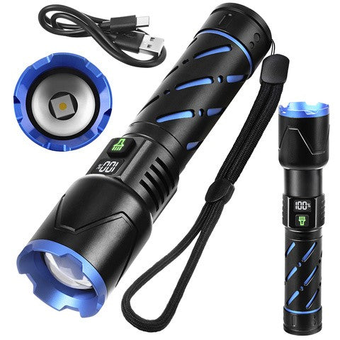 Lanterna tactica LED, Zola, 800 lm, 5000 mAh, reincarcabila USB, zoom, functie powerbank, impermeabila, aluminiu, 17.3-15.6 x 3.8 cm